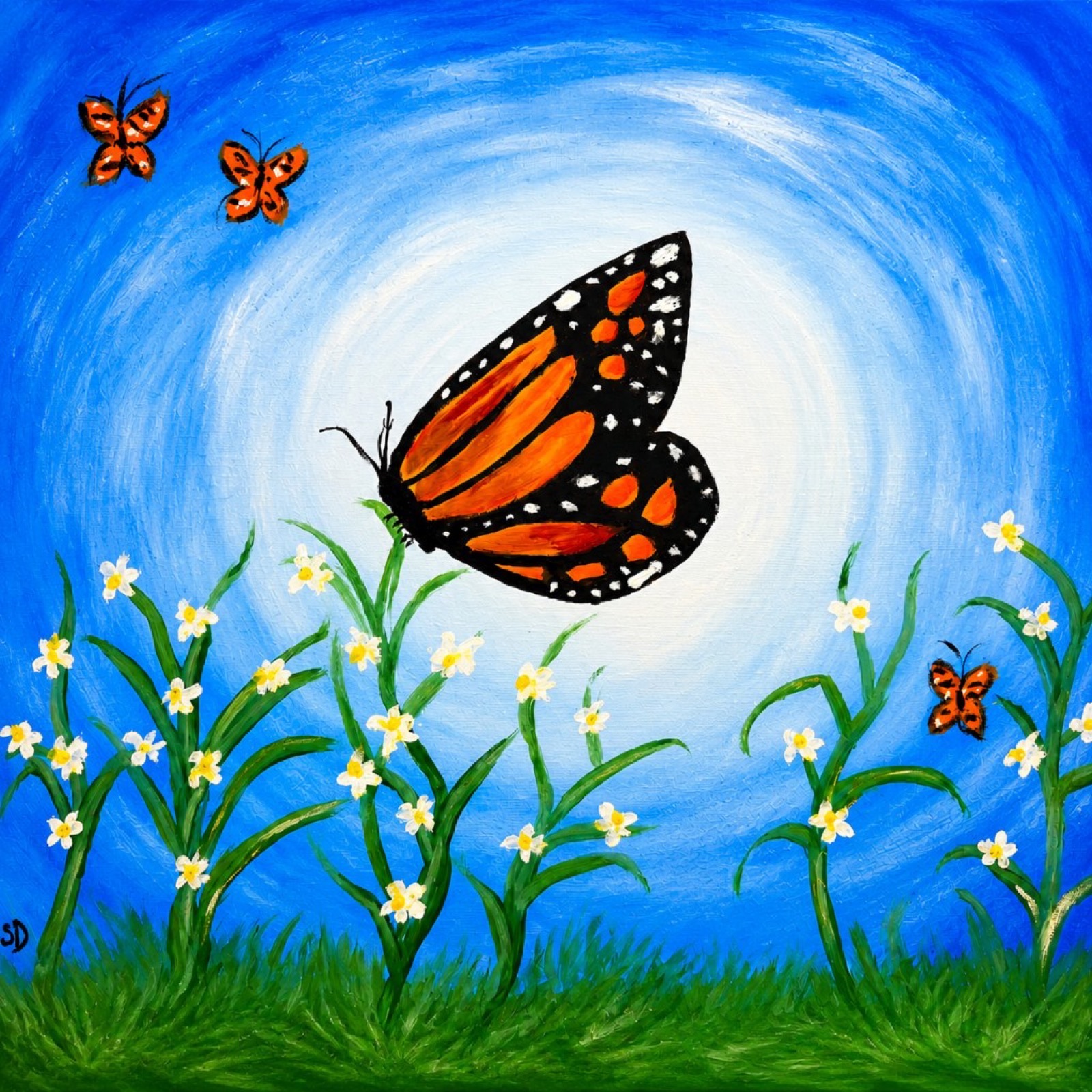 Original monarch butterfly painting by Joan Dorman, with butterflies over white flowers against a bright blue sky