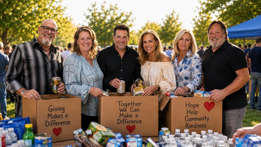 Volunteers packing food donations at a sunny outdoor foundation food drive